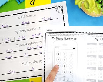 Birthday, Phone Number and Address Practice, 3 Printable Worksheets Kindergarten Life Skills, I Know my Address Activity for Kindergarten