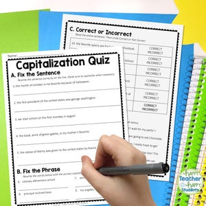 May include: A black and white worksheet with the title "Capitalization Quiz". The worksheet has two sections: "Fix the Sentence" and "Fix the Phrase". The worksheet is designed to help students learn about proper capitalization in writing.