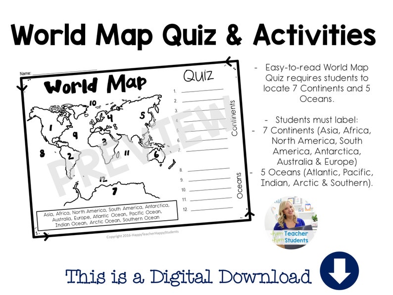 World Map: World Map Quiz test and Map Worksheet, 7 Continents and 5 ...