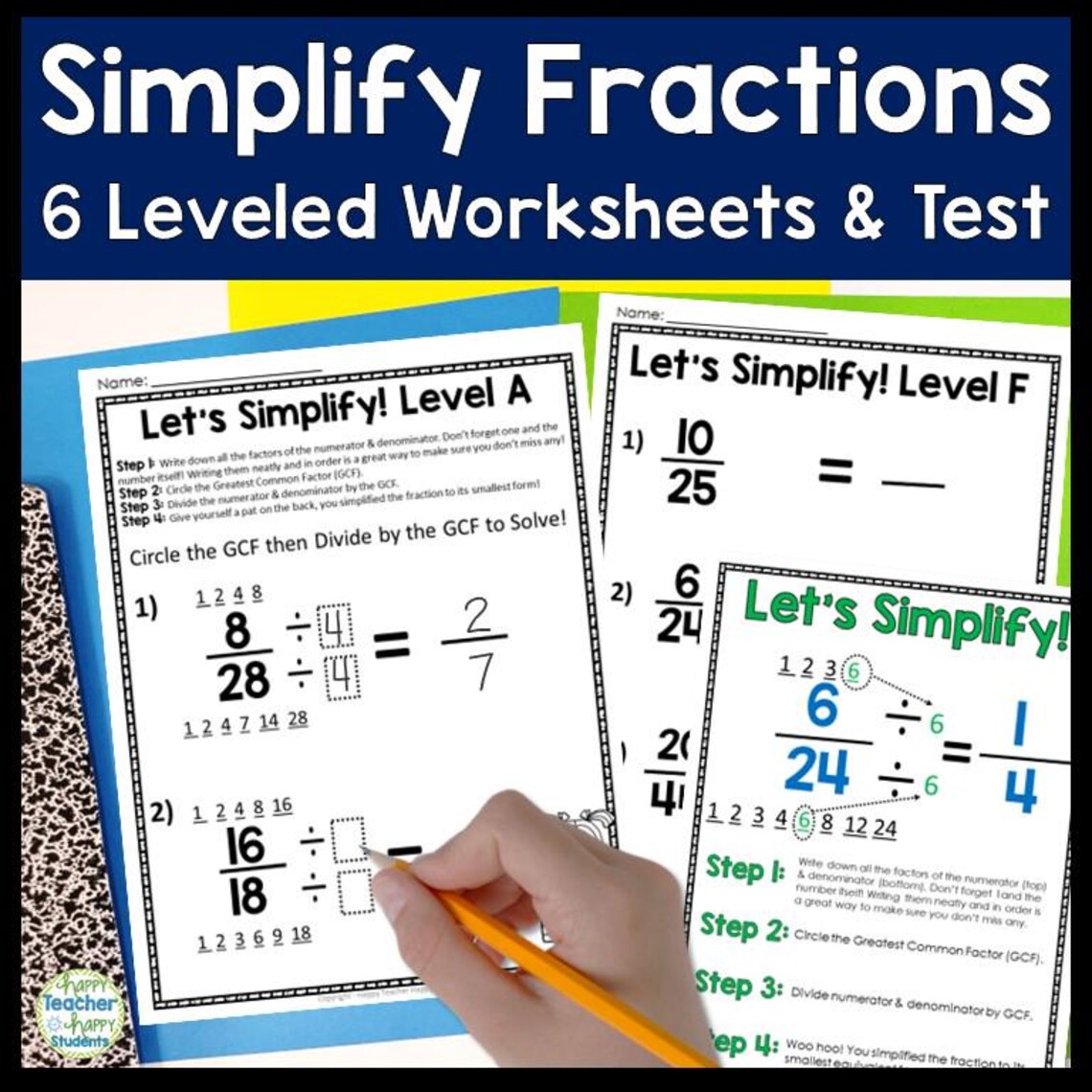 Simplifying Fractions Worksheets: Six Leveled Simplifying Fraction ...