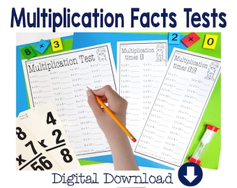 May include: A printable multiplication facts test for students. The test includes multiplication problems for the numbers 1, 2, 3, 4, 5, 6, 7, 8, 9, 10, 11, and 12. The test is designed to help students practice their multiplication facts and improve their math skills.
