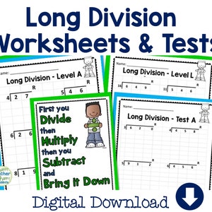 Long Division Worksheets and Tests, 12 Leveled Long Division Worksheets, 2 Tests & Poster, Long Division Practice, Long Division Homeschool