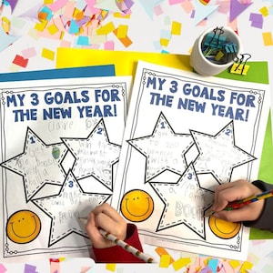 May include: Two children are writing their New Year's resolutions on a printable worksheet. The worksheet has three stars with numbers 1, 2, and 3. Each star has a space for a goal. The children are writing their goals in the stars. The worksheet has a smiley face at the bottom. The worksheet is titled "My 3 Goals for the New Year!"