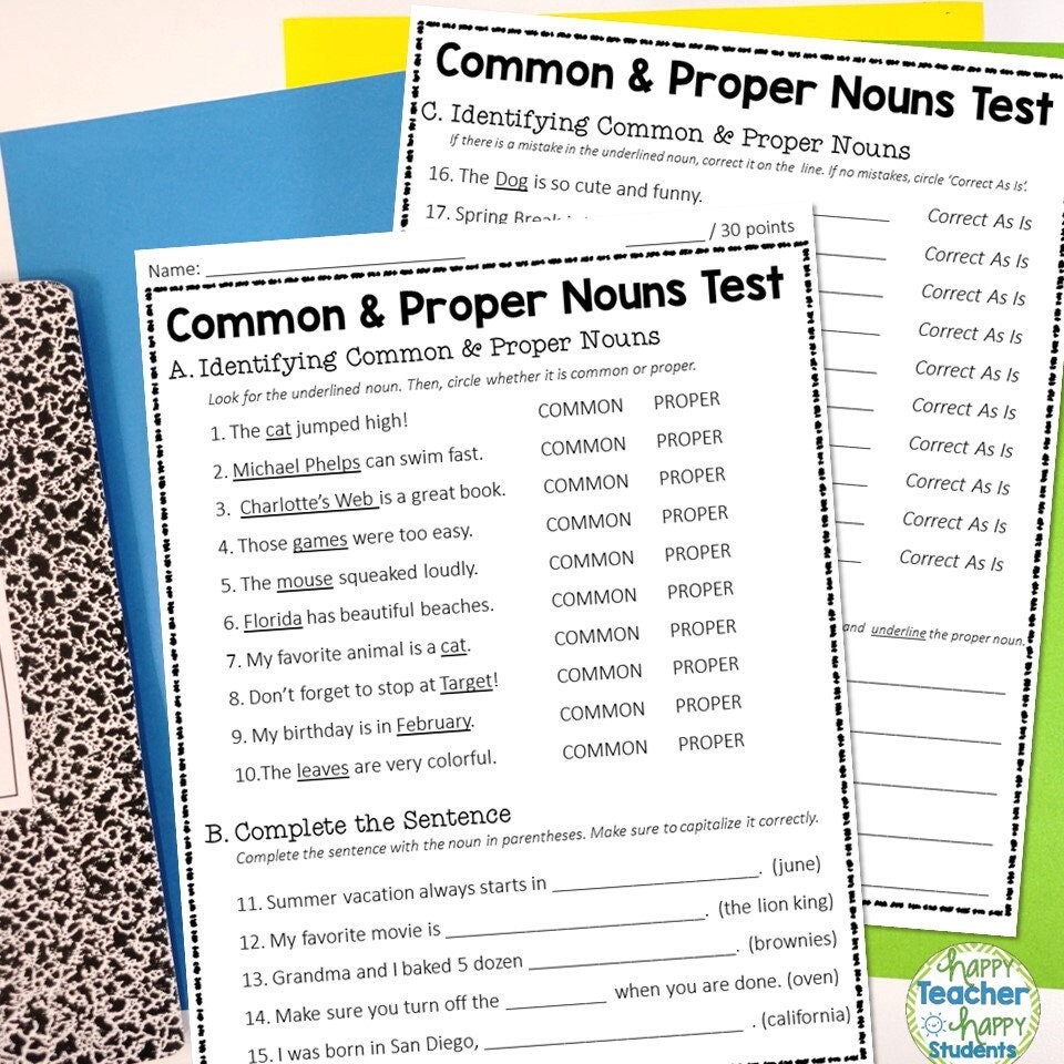 Common and Proper Nouns Test, 2 Page Common and Proper Nouns Quiz W ...