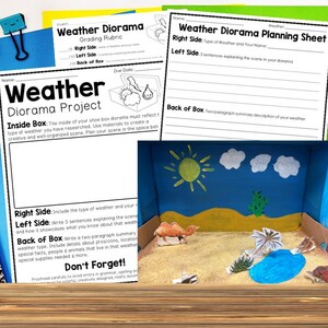 Puede incluir: Un proyecto de diorama meteorológico con una escena desértica dentro de una caja de zapatos. El diorama presenta un cielo azul pintado, un sol amarillo, nubes blancas y una figura de camello. Se incluyen hojas de trabajo con instrucciones.