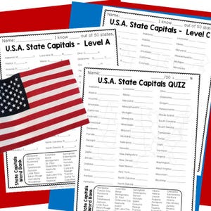 Werkbladen en quizzen Amerikaanse staatshoofdsteden (digitale download) Oefenpagina's hoofdsteden VS