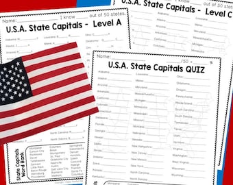 State Capitals | 4 Worksheets & 2 Quizzes | USA States and Capitals Practice Worksheets | US State Capitals Worksheet | Digital Download PDF