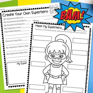 Create Your Own Superhero Writing Activity | 6 Superhero Themed Worksheets | Digital Download | Superhero Activity | Superhero Party Idea