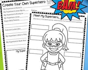 Create Your Own Superhero Writing Activity | 6 Superhero Themed Worksheets | Digital Download | Superhero Activity | Superhero Party Idea