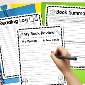 書評テンプレート、印刷可能な本の要約、印刷可能な章の要約、そしてボーナスとして子供向けの印刷可能な読書ログ、ホームスクールの読書
