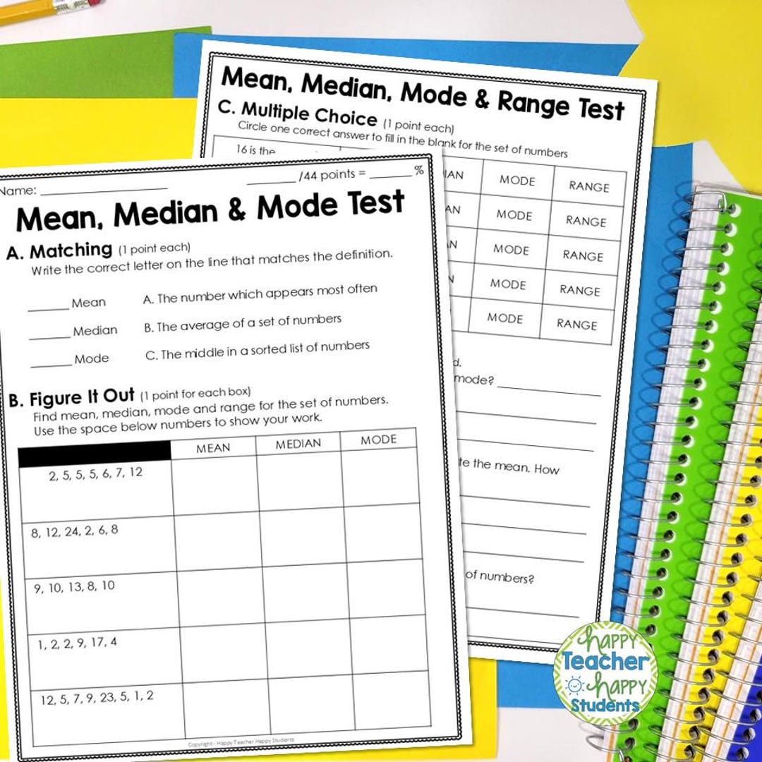 Mean, Median Mode Range Test | 2 Test Options With or Without Range ...