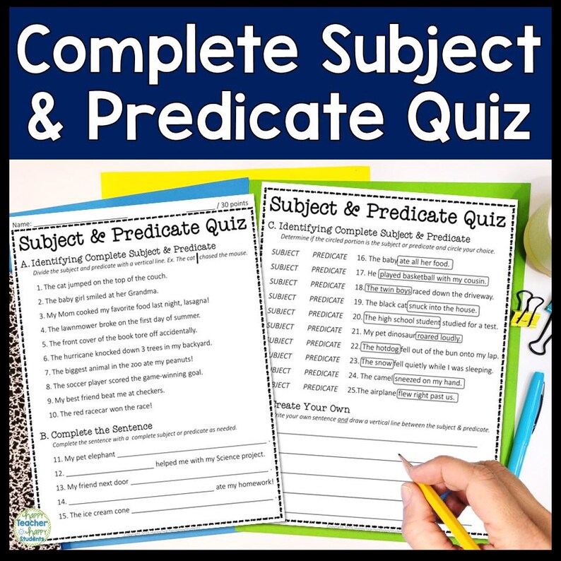 Subject and Predicate Test: 2-page Complete Subject and Complete ...