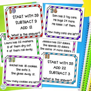 May include: A set of colorful printable cards with math word problems for kids. Each card has a number in a circle at the top and a word problem with instructions to start with a number, add, subtract, and find the answer.