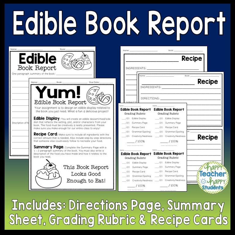 Edible Book Report Food Book Report Directions, Recipe Card and Rubric