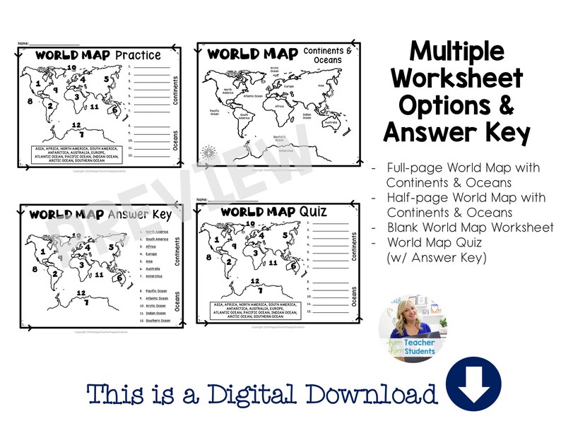 World Map World Map Quiz test and Map Worksheet, 7 Continents and 5