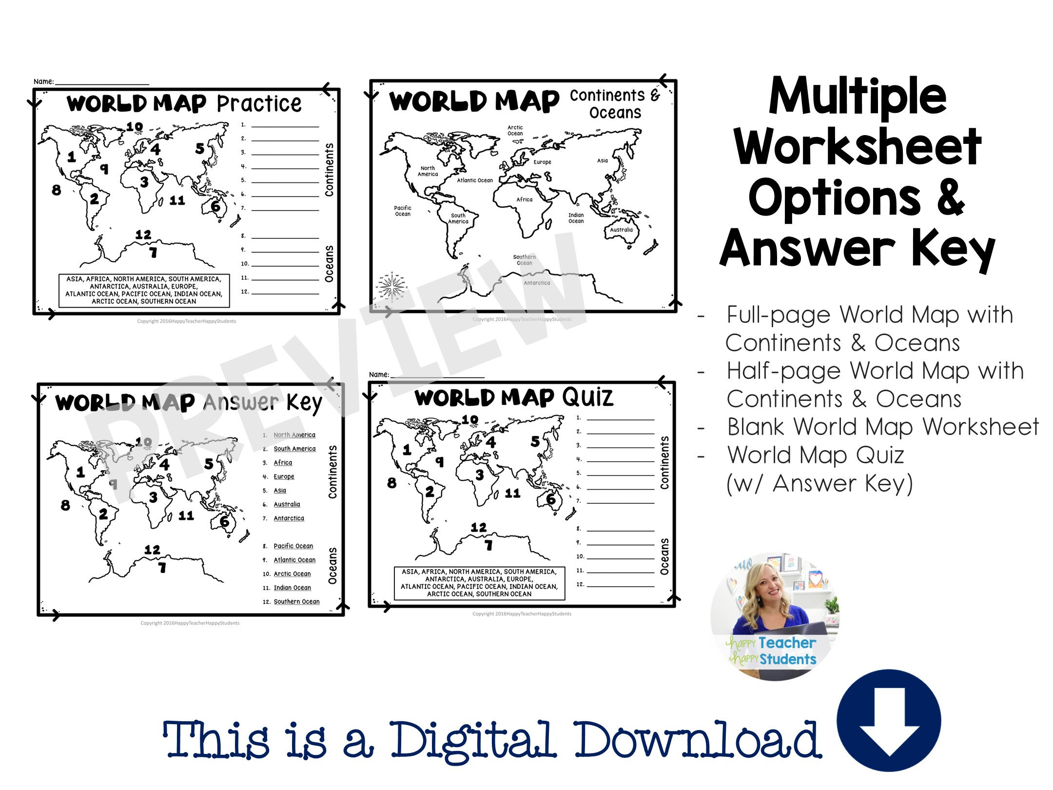 World Map World Map Quiz test and Map Worksheet, 7 Continents and 5 Oceans, World Map Printable