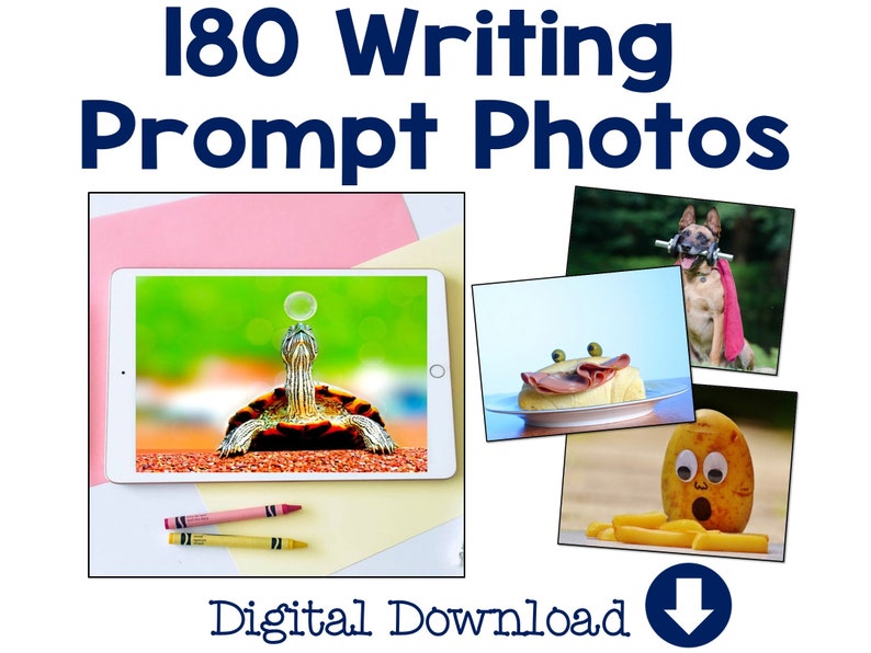 May include: A digital download of 180 writing prompt photos. The image shows a tablet displaying a photo of a turtle balancing a bubble on its head. There are also photos of a dog wearing a red cape and holding a dumbbell, a potato with googly eyes and french fries, and a sandwich with googly eyes.
