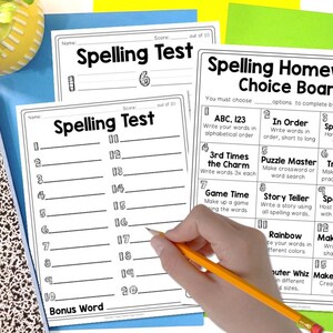 Spelling Test Templates for Spelling Practice AND Spelling Homework Choice Board, Use with Spelling Activities, Homeschool Spelling Menu PDF