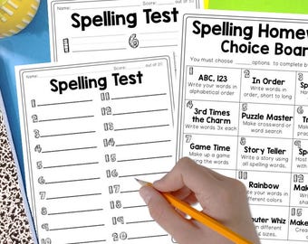 Spelling Test Templates for Spelling Practice AND Spelling Homework Choice Board, Use with any Spelling Words (PDF)