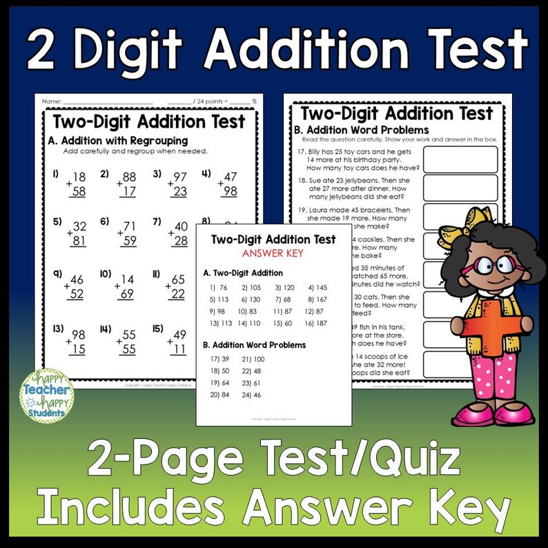 2-digit Addition With Regrouping Test With Answer Key (digital Download ...