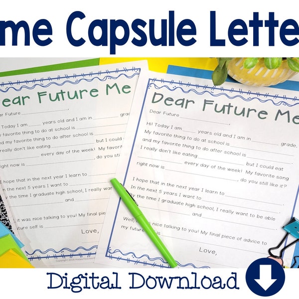 Printable Time Capsule Letter template,  Letter to Future Self, Time Capsule Printable for Kids, Time Capsule Kids, Time Capsule Sign