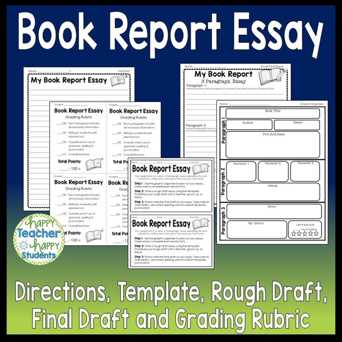 Book Report Essay Template, Final Draft and Rubric for a 3 Paragraph
