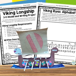 May include: A printable worksheet for learning the Viking Runic Alphabet. The worksheet includes a chart of the runes and a space for writing a message in runes. The image also shows a model of a Viking longship made from cardboard and popsicle sticks.