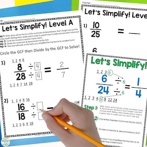 May include: A worksheet with the title "Let's Simplify!" and instructions on how to simplify fractions. The worksheet includes examples of fractions and steps to solve them. The worksheet is designed for students learning about fractions.