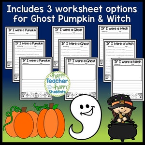 Puede incluir: Tres hojas de trabajo de escritura de Halloween imprimibles para ni&ntilde;os. Cada hoja de trabajo presenta un personaje diferente: un fantasma, una calabaza y una bruja. Las hojas de trabajo tienen l&iacute;neas para que los estudiantes puedan escribir sobre lo que har&iacute;an si fueran ese personaje. Las hojas de trabajo est&aacute;n decoradas con im&aacute;genes de tem&aacute;tica de Halloween.