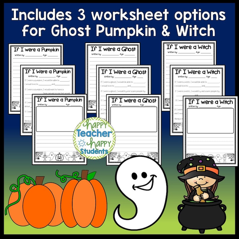 Puede incluir: Tres hojas de trabajo de escritura de Halloween imprimibles para ni&ntilde;os. Cada hoja de trabajo presenta un personaje diferente: un fantasma, una calabaza y una bruja. Las hojas de trabajo tienen l&iacute;neas para que los estudiantes puedan escribir sobre lo que har&iacute;an si fueran ese personaje. Las hojas de trabajo est&aacute;n decoradas con im&aacute;genes de tem&aacute;tica de Halloween.