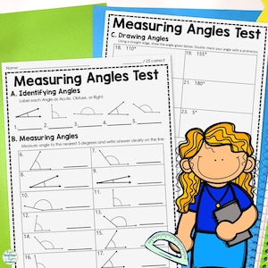 May include: A black and white worksheet with the title "Measuring Angles Test". The worksheet has three sections: Identifying Angles, Measuring Angles, and Drawing Angles. The Identifying Angles section has five diagrams of angles labeled 1 through 5. The Measuring Angles section has 12 diagrams of angles labeled 6 through 17. The Drawing Angles section has four lines with angle measurements labeled 18 through 23.