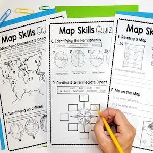 Karte Geschicklichkeitstest | 3-seitiger Mockup-Quiz mit Antwortschlüssel | Druckbare Karte Fähigkeitstest für Kinder | Mich auf der Karte | Windrose | PDF-Download