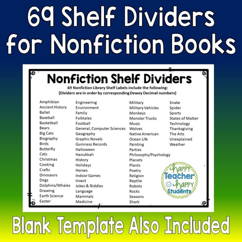 Nonfiction Library Shelf Dividers Shelf Labels for Nonfiction Books