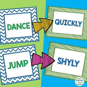 Könnte beinhalten: Eine Karte mit grünem und blauem Zickzackmuster mit dem Wort "DANCE" darauf. Ein gelber Pfeil zeigt auf eine grüne Karte mit dem Wort "QUICKLY" darauf. Eine zweite Karte mit grünem und blauem Zickzackmuster mit dem Wort "JUMP" darauf. Ein rosa Pfeil zeigt auf eine grüne Karte mit dem Wort "SHYLY" darauf.