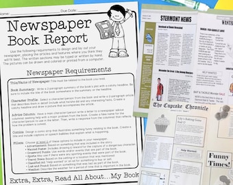 以下が含まれることがあります： 新聞のブックレポートを作成するためのワークシート。ワークシートには、タイトル、本の要約、キャラクタープロフィール、アドバイス欄、漫画、フィラー、そしてエクストラ、エクストラ、私の本についてすべてを読みましょう...が含まれています。ワークシートは、新聞の切り抜き画像で囲まれています。