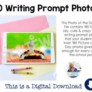 May include: A digital download of 180 writing prompt photos for students. The photos are displayed on a tablet screen with a pink and yellow background. The text "This is a Digital Download" is at the bottom of the image.