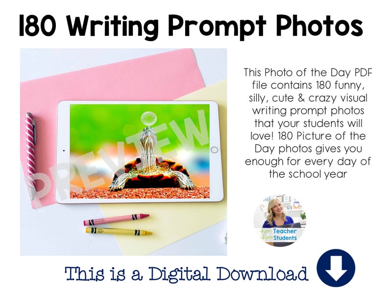 May include: A digital download of 180 writing prompt photos for students. The photos are displayed on a tablet screen with a pink and yellow background. The text "This is a Digital Download" is at the bottom of the image.