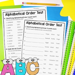 Test alfabetische volgorde | ABC-bestellingquiz | Test van 2 pagina's met antwoordsleutel | Quiz alfabetische volgorde | Afdrukbare pdf-bestand ABC-bestellingstest voor kinderen