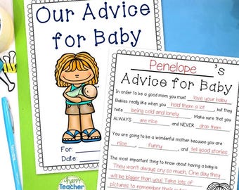 Puede incluir: Dos hojas de actividades imprimibles tituladas Our Advice for Baby y Penelope's Advice for Baby. Las hojas presentan ilustraciones de dibujos animados de una persona sosteniendo a un bebé, con líneas en blanco para escribir consejos sobre papel verde y azul.
