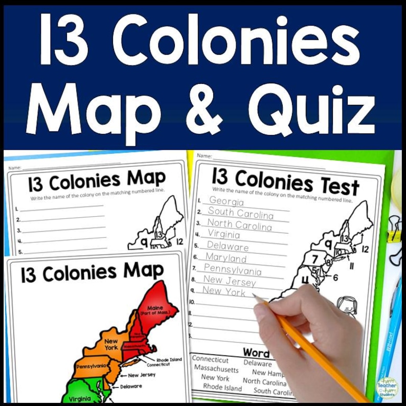 13 Colonies Map Quiz, 13 Colonies Map Worksheet, Blank 13 Colonies Map & 13 Colonies Test
