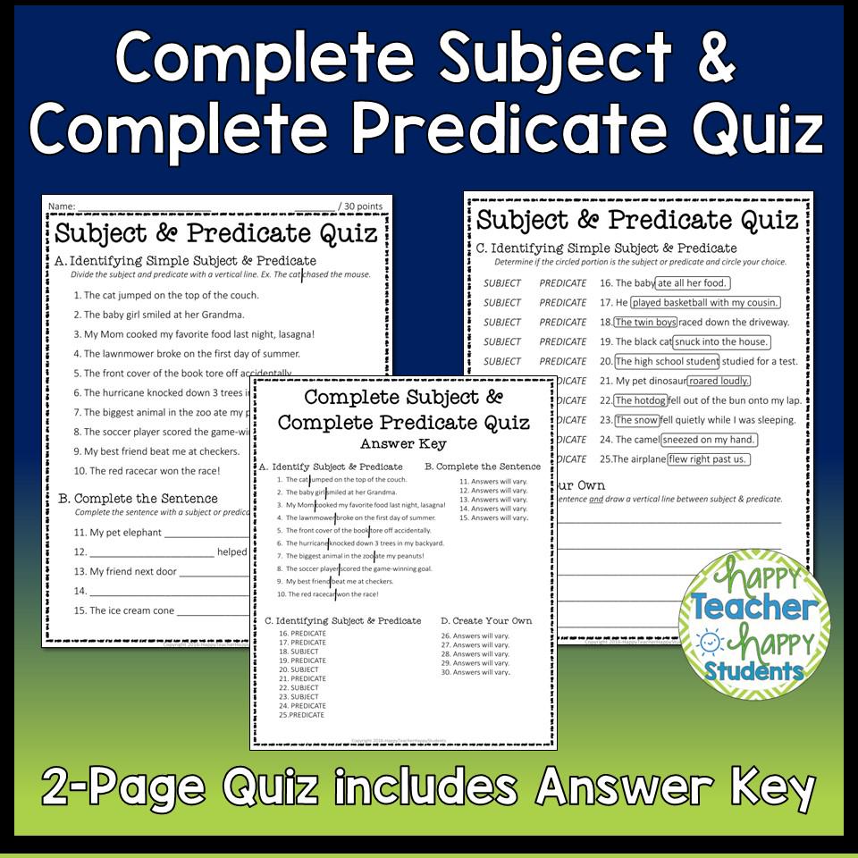 Subject and Predicate Test | 2-page Complete Subject and Complete ...