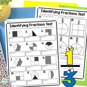 Identifying Fractions Test | 2 Page Fraction Quiz w/ Answer Key | Printable Fraction Quiz for Kids | How to Identify Fractions Worksheet PDF