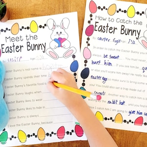 May include: Two printable worksheets for children to learn about the Easter Bunny. The first worksheet asks questions about the Easter Bunny, such as what the bunny's real name is and what the bunny likes to eat. The second worksheet gives instructions on how to catch the Easter Bunny. The instructions include being smart, not hurting the bunny, and bringing Easter eggs.
