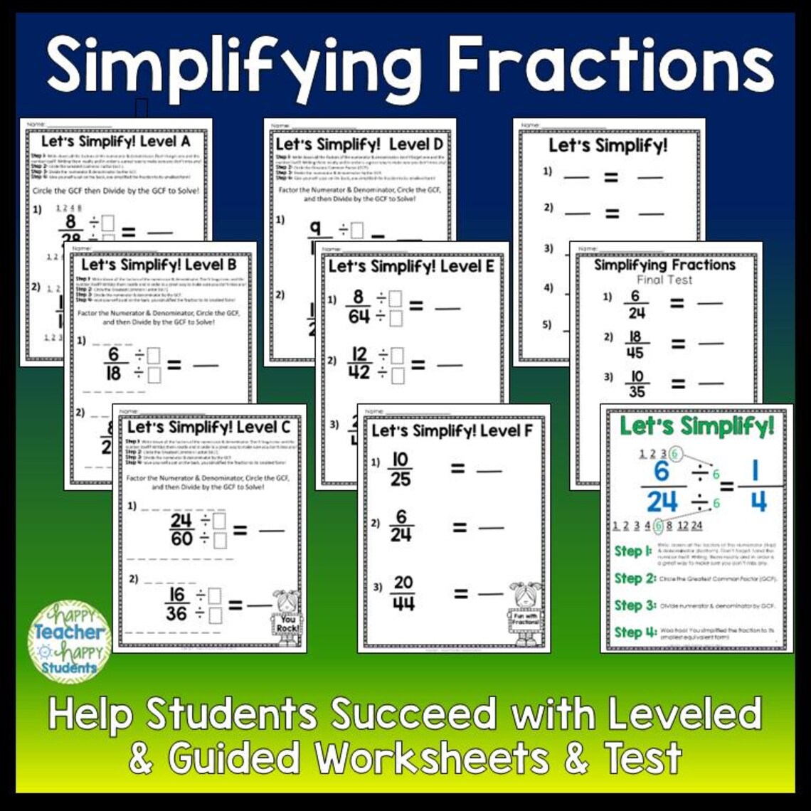 Simplifying Fractions Worksheets: Six Leveled Simplifying Fraction ...
