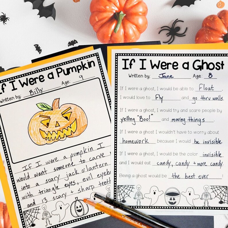 Puede incluir: Dos hojas de actividades de Halloween imprimibles para ni&ntilde;os. Una hoja presenta una calabaza con el texto "Si yo fuera una calabaza" y la otra hoja presenta un fantasma con el texto "Si yo fuera un fantasma". Ambas hojas tienen l&iacute;neas para que los ni&ntilde;os escriban sus respuestas a las indicaciones.