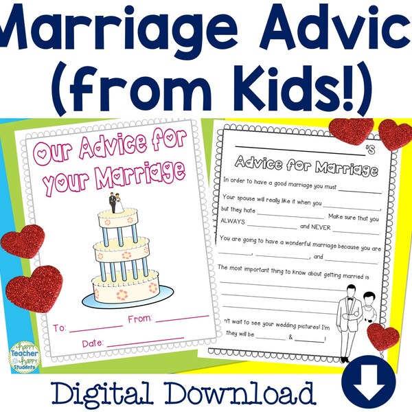 Conseils d'enfants pour le mariage, livre de conseils de mariage, activité de table pour enfants sur les mariages, conseils d'enfants pour la mariée, conseils pour les enfants de mariage