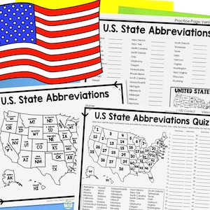 Abkürzungen von Bundesländern: Karten, Arbeitsblatt & Quiz (Test) mit 2 Schwierigkeitsoptionen | Digitaler Download | US Bundesstaat Abkürzungen Arbeitsblatt für Kinder