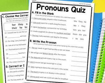 Test i pronomen: Pronomenquiz på två sidor med svarsmall (utskrivbar PDF)