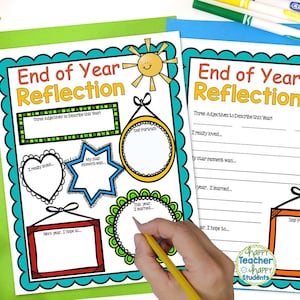Puede incluir: Dos hojas de trabajo imprimibles para la reflexión de fin de año. Las hojas de trabajo tienen marcos coloridos y indicaciones para que los estudiantes reflexionen sobre su año. Las indicaciones incluyen "Tres adjetivos para describir este año", "Realmente me gustó", "Mi momento estrella fue", "Este año aprendí", "El próximo año espero", y "Autorretrato".