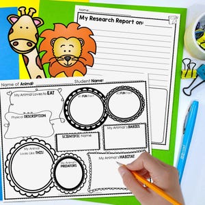May include: Black and white printable worksheet for children to learn about animals. The worksheet has sections for the animal's name, what it eats, a physical description, fun facts, its babies, its predators, and its habitat.
